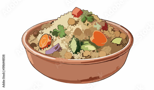 Realistic couscous dish perspective view with vegetables hand drawn watercolor vector illustration isolated on white background