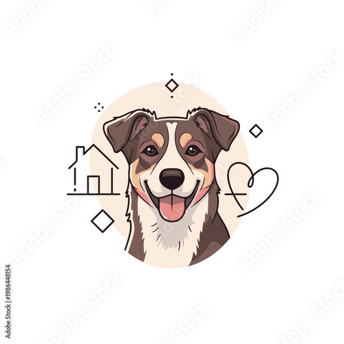 Vector illustration of a happy brown and white mixed-breed dog with its tongue out, featuring a house and heart icon representing stray animal rescue and pet adoption concepts.