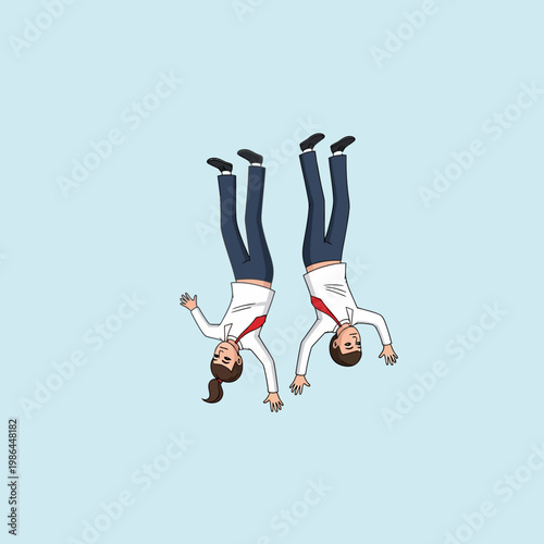 Full length vector illustration of a businessman and businesswoman in white shirts and red ties falling upside down through the air against a solid light blue background.