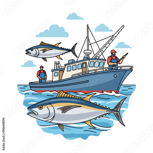 Vector illustration of the commercial tuna fishing industry featuring two large tuna fish, a blue fishing boat with fishermen in overalls on deck, sea waves, and clouds.
