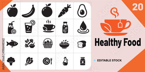 Fitness Diet Meal Prep Icon Set Black Silhouette Healthy Food Nutrition Planning Vector Collection Isolated on White Background