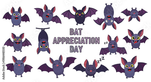 Cartoon bats celebrate Bat Appreciation Day in a vector design showing various poses and expressions, set against a clean white background to highlight the whimsical and playful nature