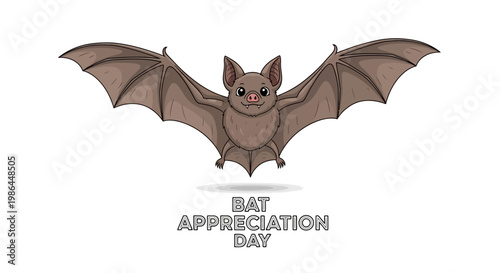 A stylized vector illustration celebrates Bat Appreciation Day with a charming flying bat silhouette, its wings spread wide against a clean white background, embodying a spooky yet cute