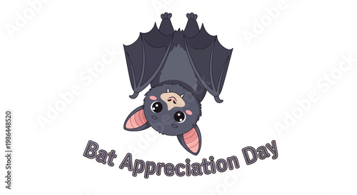 Adorable Bat Appreciation Day vector illustration featuring a cute, cartoon-style bat hanging upside down with spread wings against a clean white background, designed to promote animal