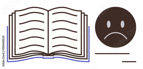 Education struggles, student issues, emotional learning, academic challenges, reading critique, literacy problems. Open book alongside a sad face symbol. Education struggles and student issues