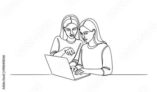 Continuous line drawing of two women working on laptop collaboration teamwork minimalist vector illustration