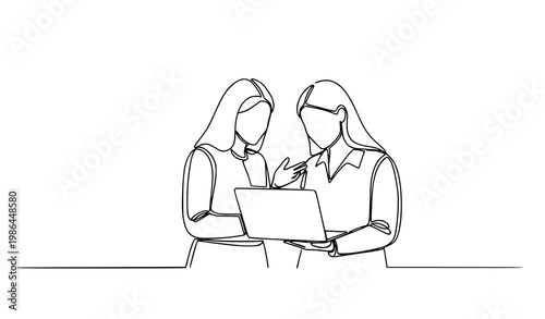 Two women discussing ideas over laptop continuous one line art modern teamwork concept vector