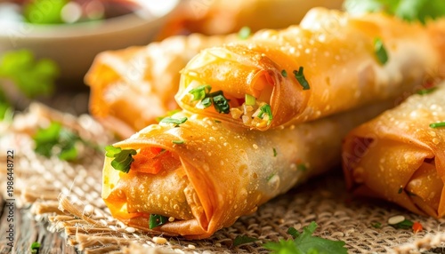 Golden brown crispy spring rolls with savory vegetable filling and fresh herb garnish, perfect for any occasion.