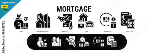 Mortgage Concept with Home Loan, Property Financing, Agreement and Payment Illustration. glyph icon set