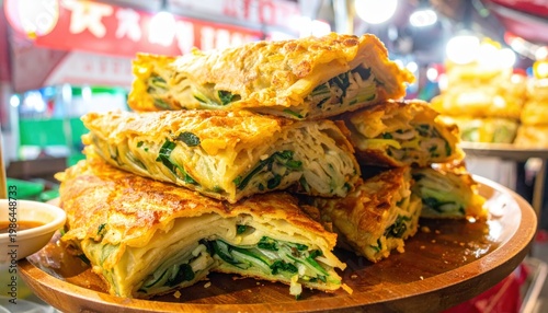 Golden Brown Scallion Pancakes Stacked on a Wooden Plate, Featuring Layers of Dough and Fresh Green Filling
