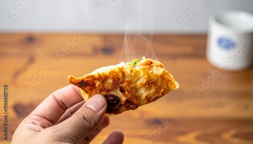 Hand holding a single steaming crispy dumpling with golden brown bottom, delicious Asian cuisine
