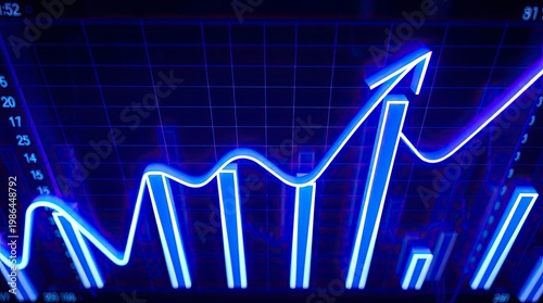 Top View Futuristic Business Growth Graph with Sci-Fi Neon Fintech Interface and Space Aesthetic