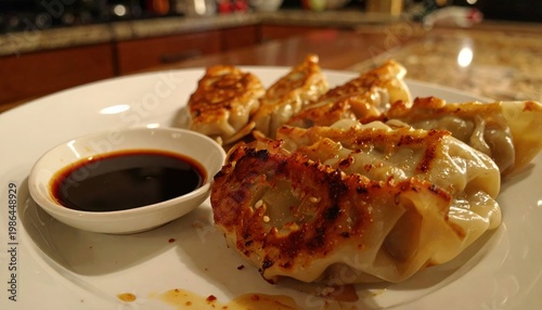 Perfectly Pan-Fried Potstickers With Crispy Browned Bottoms Served With Soy Sauce Dip