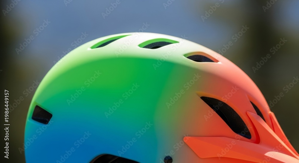 Naklejka premium A bright protective headgear sits securely during outdoor activities. The gear provides safety while enjoying a bicycle ride in nature, cycling, trip, secure