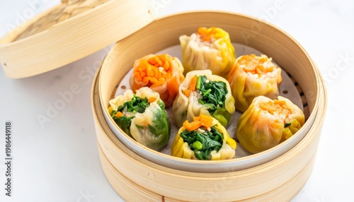 Steamed vegetable dumplings filled with colorful carrots and spinach presented in a bamboo steamer basket