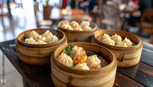 Steaming bamboo baskets filled with translucent shrimp dumplings, plump and glistening, presented in a restaurant setting