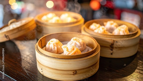 Steaming Har Gow Shrimp Dumplings in Bamboo Baskets, Delicate Asian Delicacy