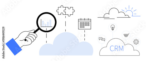 Data analysis, CRM tools, project management, cloud solutions, productivity apps, digital innovation. Hand with a magnifying glass, clouds charts and puzzle icons. Data analysis and CRM solutions