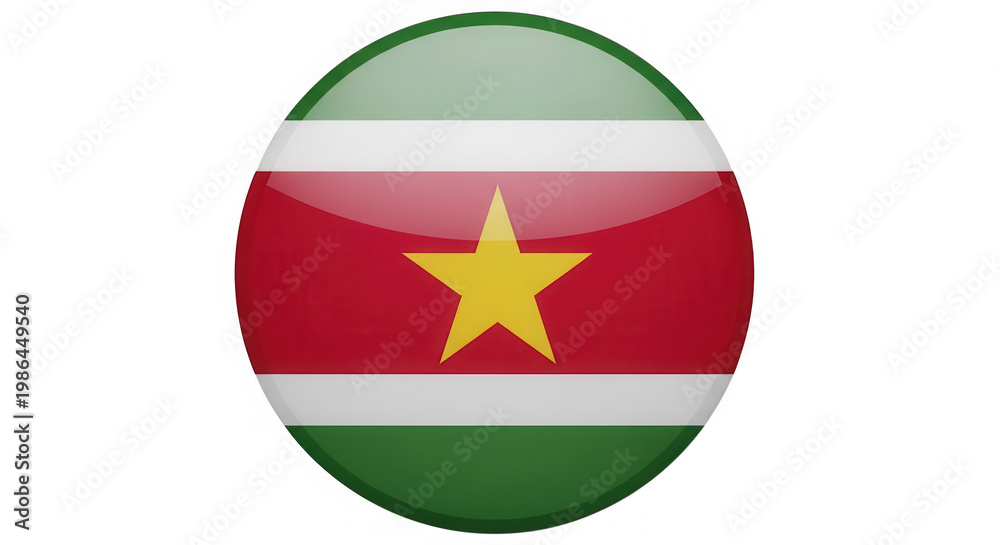 Obraz premium Glossy circular button featuring the national flag of suriname with its green white and red stripes. isolated on transparent background