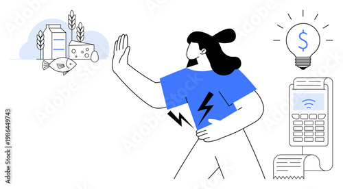 Financial struggles, inflation, budgeting, consumer behavior, cost of living, economic challenges. Woman gesturing refusal towards food items. Financial struggles and inflation concept