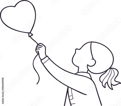 Minimal line art of a girl holding a heart shaped balloon with string. Clean outline vector illustration expressing love, innocence, and childhood emotion. Modern simple design for greeting cards, 