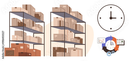 Inventory control, supply chain, logistics, warehouse management, productivity, time tracking. Shelves stacked with boxes, a clock and workflow diagrams. Inventory and logistics efficiency concept
