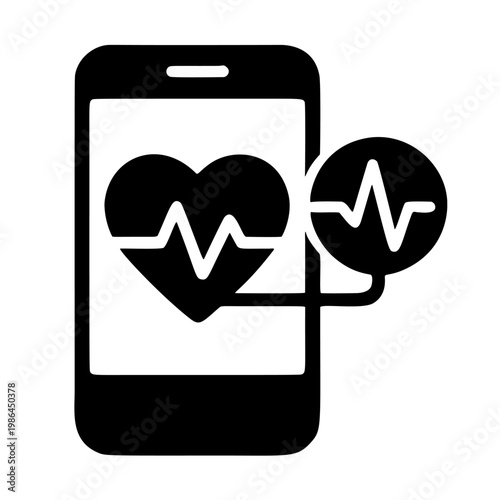 Black Silhouette Heart Rate App on Mobile Phone Healthcare Icon
