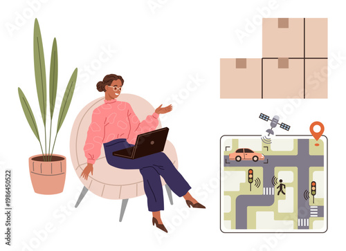 Remote work, shipping logistics, route tracking, supply chain, e-commerce, navigation. Woman seated with a laptop, digital map with satellite signals and package boxes. Remote work and shipping