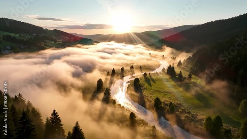 Aerial view of a winding river flowing through a deep valley filled with thick morning mist and fog at sunrise with golden sunbeams and pine trees in the foreground landscape.