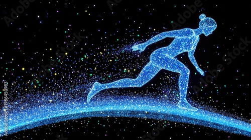 Woman running futuristic space, stardust background, speed, energy, athletic, fitness