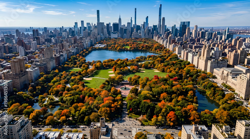 Aerial view of Central Park in autumn with Manhattan skyline