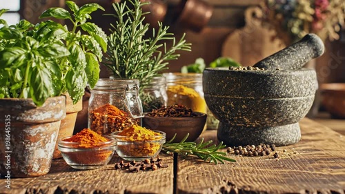 Rustic kitchen scene with fresh basil in a terracotta pot, rosemary, stone mortar and pestle, plus ground spices in glass jars and bowls on a weathered wooden tabletop.