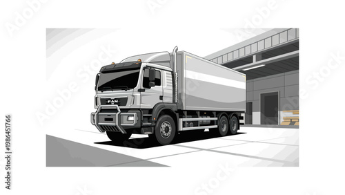 Large truck parked outside warehouse facility.