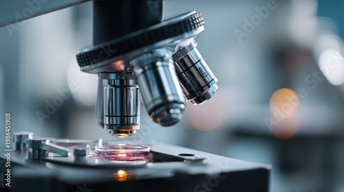 Close-up view of a laboratory microscope focusing on a sample slide in a modern science lab setting