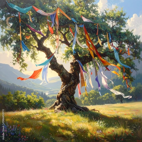 A tree with colorful ribbons in a field