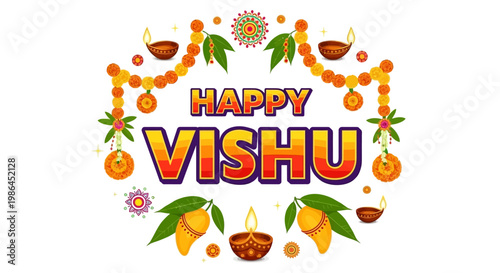 A vibrant vector illustration celebrating the Malayalam New Year, showcasing the 'Happy Vishu' greeting surrounded by traditional Vishu Kani elements, including diyas, mangoes, and garlands