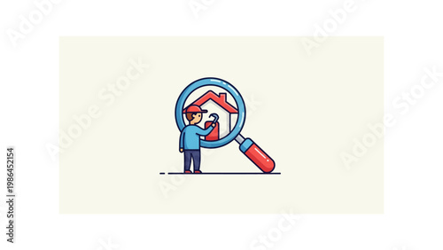 Man looking through magnifying glass house.