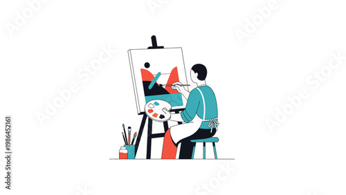 Man painting on canvas with brush.