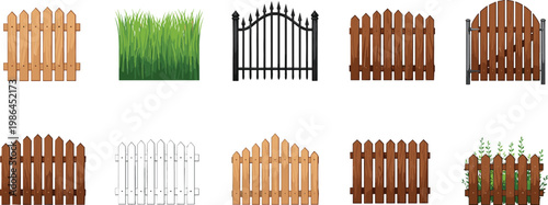 Garden Fence Collection with Wooden Panels Iron Gates Grass Borders and Outdoor Barrier Designs Vector Set