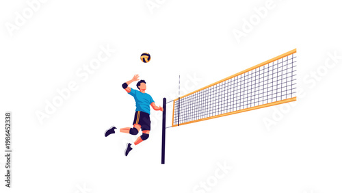Man Playing Volleyball in Blue Shirt.