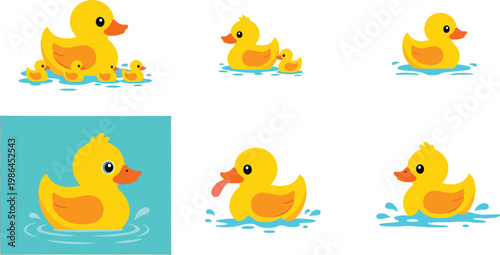 Rubber Duck Collection Set with Cute Yellow Bath Toy Ducks Floating on Water Vector Illustration Design