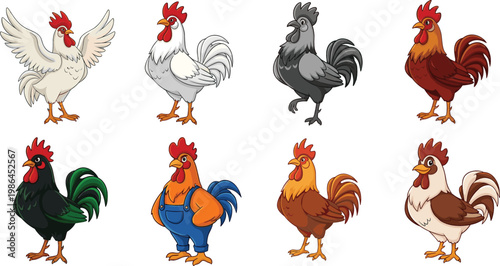 Rooster Chicken Collection with Farmyard Poultry Birds in Different Colors and Cartoon Styles Vector Design Set
