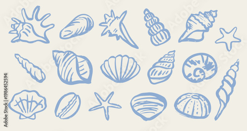 Blue sea or ocean shell collection. Contemporary isolated beach art in chalk, charcoal or wax crayon drawing style vector illustration. Ink grunge hand drawn doodle shells set. Pencil design elements.