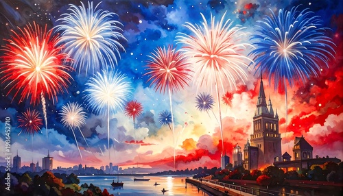 Vibrant fireworks exploding over a serene cityscape at dusk