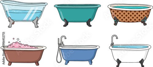 Vintage Bathtub Collection with Classic Freestanding Bathroom Tubs Filled with Water Foam Isolated Vector Design Set
