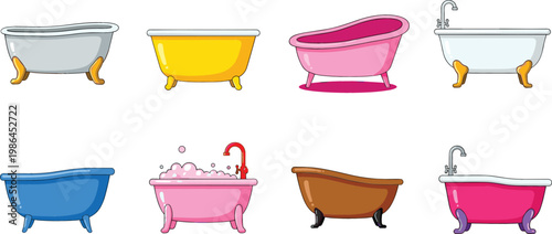 Vintage Bathtub Collection with Colorful Freestanding Bathroom Tubs and Clawfoot Designs Isolated Vector Interior Set