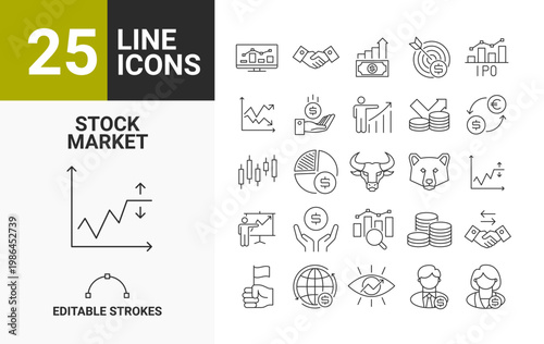 Stock market line icons set editable vector