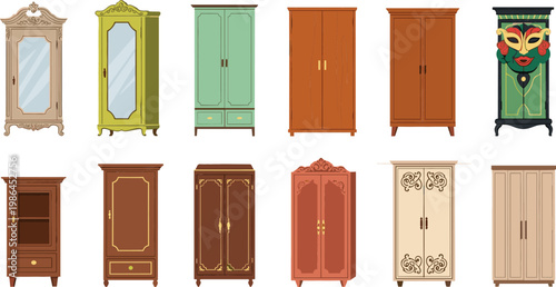 Vintage Wardrobe Cabinet Collection with Wooden Closets Armoires and Storage Furniture Isolated Vector Design Set
