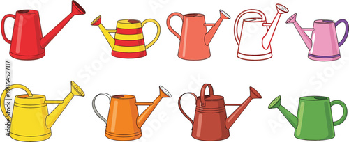 Watering Can Collection with Colorful Garden Irrigation Containers for Plants and Outdoor Care Vector Design Set