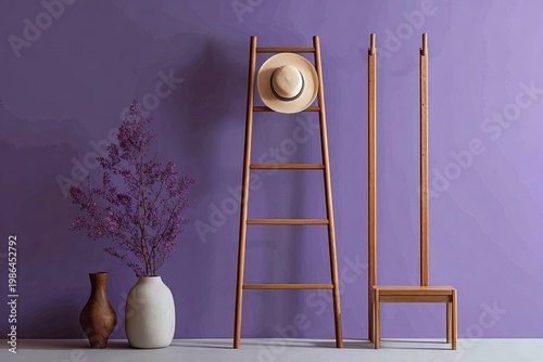 Minimalist room with wooden hat stand, bench, and vase with purple flowers